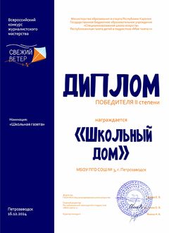 Диплом победителя II степени газета Школьный дом